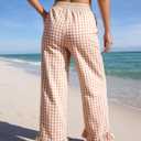 Flygo Women's Gingham Pants Y2K Cotton Wide Leg Ruffle Hem Lounge Pants Plaid Elastic Waisted Trouser with Pockets (Brown, M)