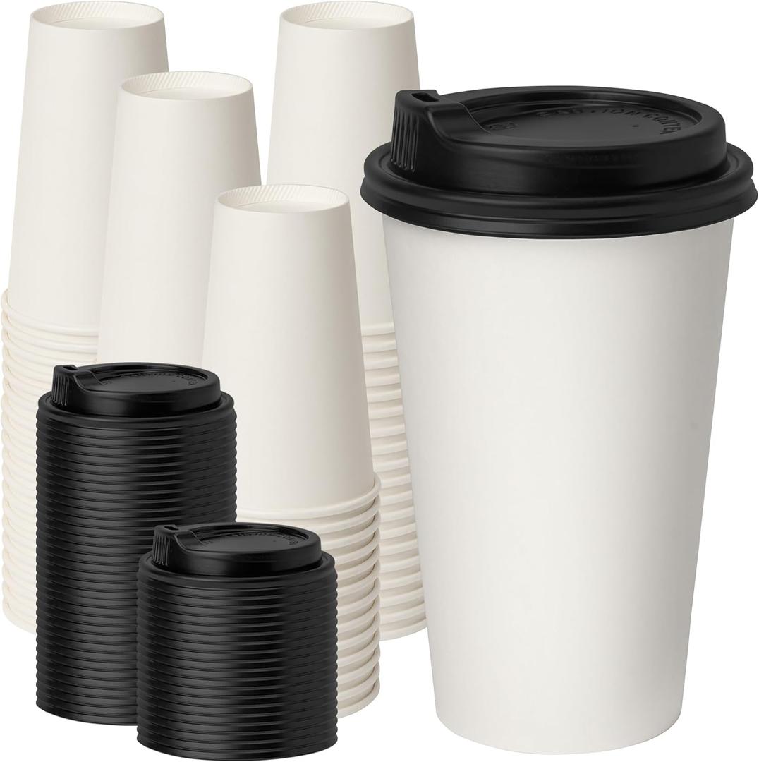 RACETOP Coffee Cups with Lids 16 oz 100 Pack, Disposable Paper Cups with Lids, To Go Hot Cups for Home/Office