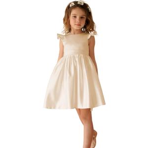 V-Back Satin Flower Girl Dress Girls Pretty Pageant for Wedding Guest First Communion Gown with Bowknot Size 4 Champagne