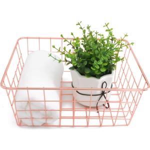 Metal Wire Storage Basket with Handles for Kitchen Food Pantry Papers Home Office Desk Bathroom Laundry Room Bedroom Bed Room Organizer, Rose (1 PC)