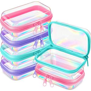 5 x Sanwuta 6 Pcs Clear Hard Zipper Case Plastic Zipper Pouches Transparent Makeup Bag Pencil Case Pouches Toiletry Diaper Bag for Travel Toy Storage Organizer Bins(Holographic,5 x 3 x 2 Inch)