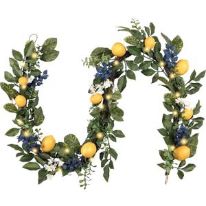 Valery Madelyn 6ft Pre-Lit Lemon Garland with Greenery, Thick Spring Summer Garland for Mantle with Lights, Artificial Fruit Vine for Stairs Fireplace Table, Farmhouse Kitchen Home Wall Party Decor