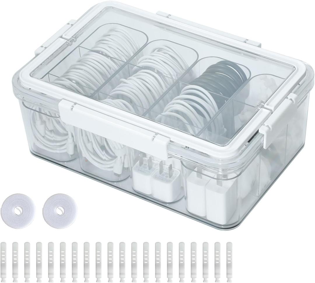 Yesesion Large Cord Organizer Box with Lid and Handle, Plastic Phone Charger Cable Holder with 12 Compartments for Desk Drawer, Clear Art Crafts Container with Removable Inner Cups