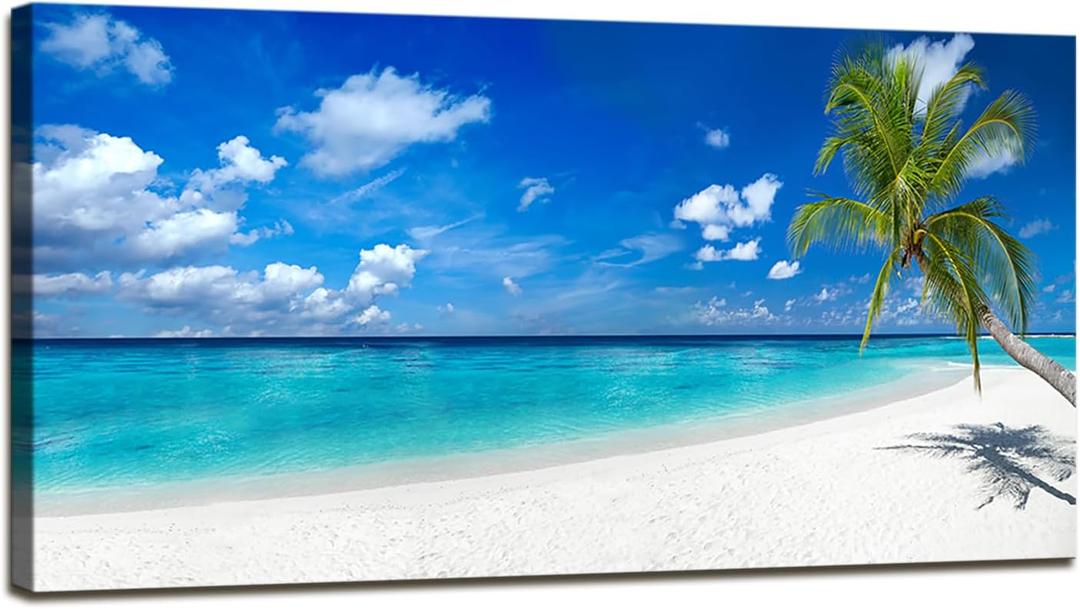 XXMWallArt FC2450 Seascape Wall Art Tropical Paradise Beach With White Sand and Coco Palms Canvas Wall Art Summer Beach Nature Pictures for Living Room Bedroom Home and Office Decor, 40"L x 20"W
