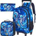 KLFVB Rolling Backpack for Girls Boys, Kids Roller Wheels School Bookbag with Lunch Bag, Wheeled School Bag for Children (Astronaut Dino)