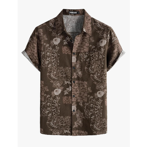 Men's Cotton Linen Vintage Pattern Printed Old Style Shirt Casual Short Sleeve Button Down Retro Shirts XL