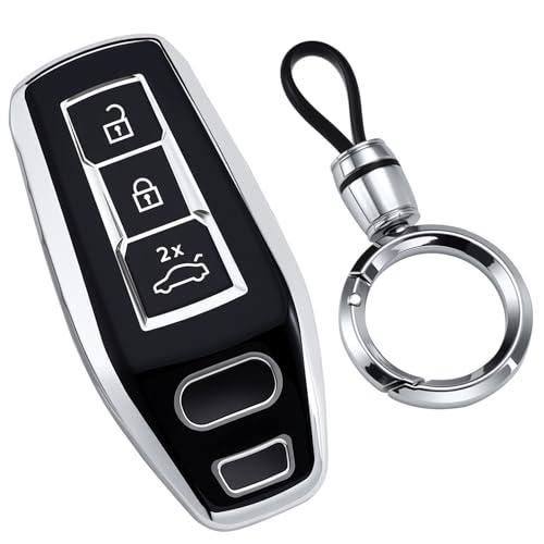 Lcyam Key Fob Cover Silver Edge Compatible with Audi 2025 2026 Q6 A5 A5L A6 A6L Q6L E-tron Smart Car Key, with Detachable Keychain (Black)