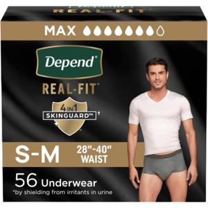 Depend Real Fit Adult Diapers, Incontinence Underwear for Men, Disposable, Maximum Absorbency, Small/Medium, Grey, 56 Count (2 Packs of 28) (Gray)