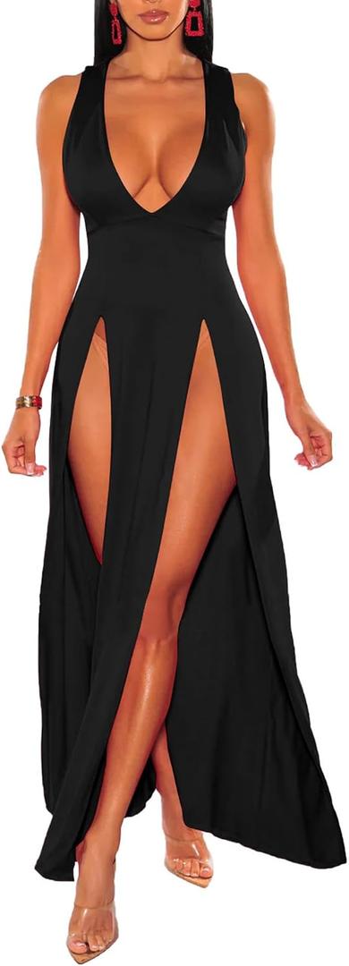 xxxiticat Women's Double Slit Maxi Tank Dress Sleeveless Deep V-Neck Low Cut High Split Cover Up Long Bodycon Wrap Dress, Size XL