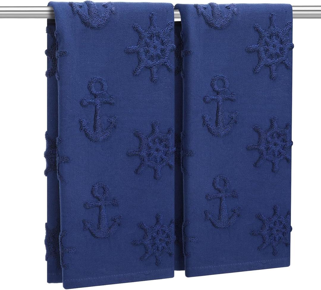 Gilprop 2 Pcs Coastal Hand Towels for Bathroom 100% Cotton Nautical Anchor Wheel Navy Blue Jacquard Weave Towels Absorbent Soft Dish Washcloth for Bathroom Kitchen Summer Theme Gifts, 29.5 x 13.8 Inch