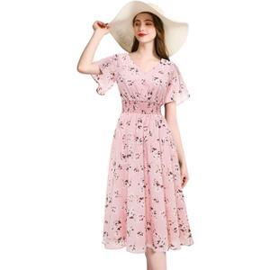 Gardenwed Chiffon Floral Dresses Summer Midi Wedding Guest Dress V Neck for Women Elastic Waist (Pink)