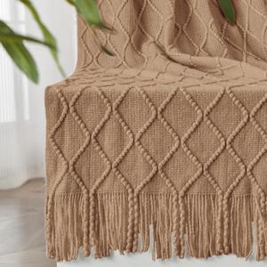 inhand Knitted Throw Blankets for Couch and Bed, Soft Cozy Knit Blanket with Tassel, Khaki Lightweight Decorative Blankets and Throws, Farmhouse Warm Woven Blanket for Men and Women, 60"x80"