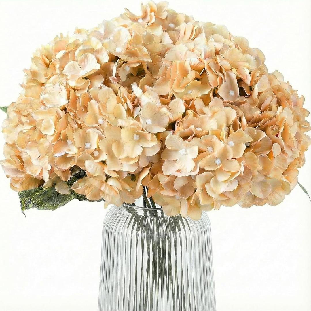 2Bouquets Artificial Fake Flowers Plants Silk Hydrangea Arrangements Wedding Bouquets Decorations Plastic Floral Home Kitchen Garden Party Festival Bar DIY (Cream,5 Flower Heads)