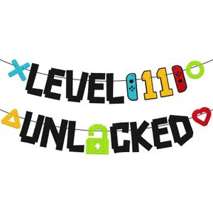 Level 11th Unlocked Sign Banner Happy 11th Birthday Level Up Eleventh Bday Party Decorations for Video Game Controller Themed Teen Birthday Event Celebration Supplies Double Sided