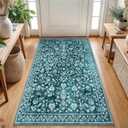 Vintage 3x5 Washable Rug for Entryway, Super Soft Dark Teal Entryway Rug with Non-Slip, Printed Faux Wool Floral 3x5 Area Rug Thin Floor Carpet for Kitchen, Bedroom, Living Room