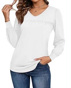 Ficerd Women's Casual Long Sleeve Tunic Tops, V Neck Pleated Long Sleeve Dressy T Shirts Puff Flowy Loose Fit Tee Blouses(White, XXL)
