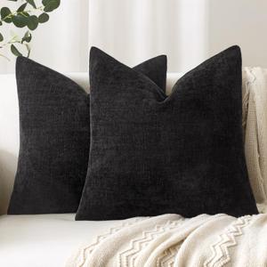 Woaboy Set of 2 Textured Throw Pillow Covers Decorative Soft Accent Square Chenille Pillowcases Neutral Farmhouse Cushions Modern Home Decor for Couch Sofa Bedroom Living Room 20x20 Inch, Black