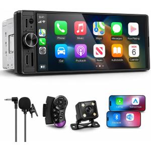 Single Din Radio - Car Stereo with Wireless Apple CarPlay and Android Auto, 6.5” InCell Touchscreen with HD Backup Camera, Mirror Link, Bluetooth 5.2 GPS FM USB & Type-C Fast Charging EQ SWC