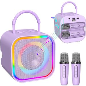 Karaoke Machine for Kids,Mini Karaoke Machine with 2 Wireless Mics (Built-in Storage),Fun Voice Effects/Dynamic LED Lights,Birthday Gifts for Girls Boys (Purple)