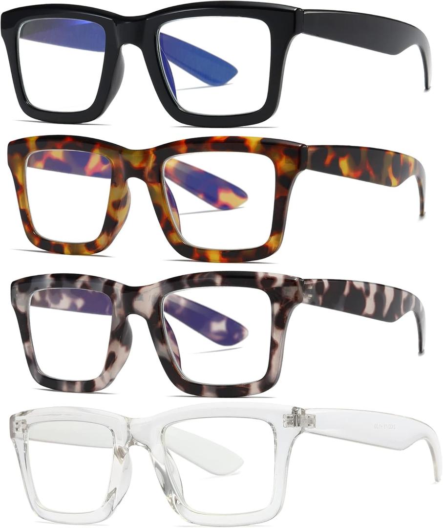 4 Pack Oprah Style Reading Glasses for Women Men Blue Light Blocking Computer Square Metal Spring Readers (Black, Transparent, Grey Tortoiseshell, Yellow Tortoiseshell)