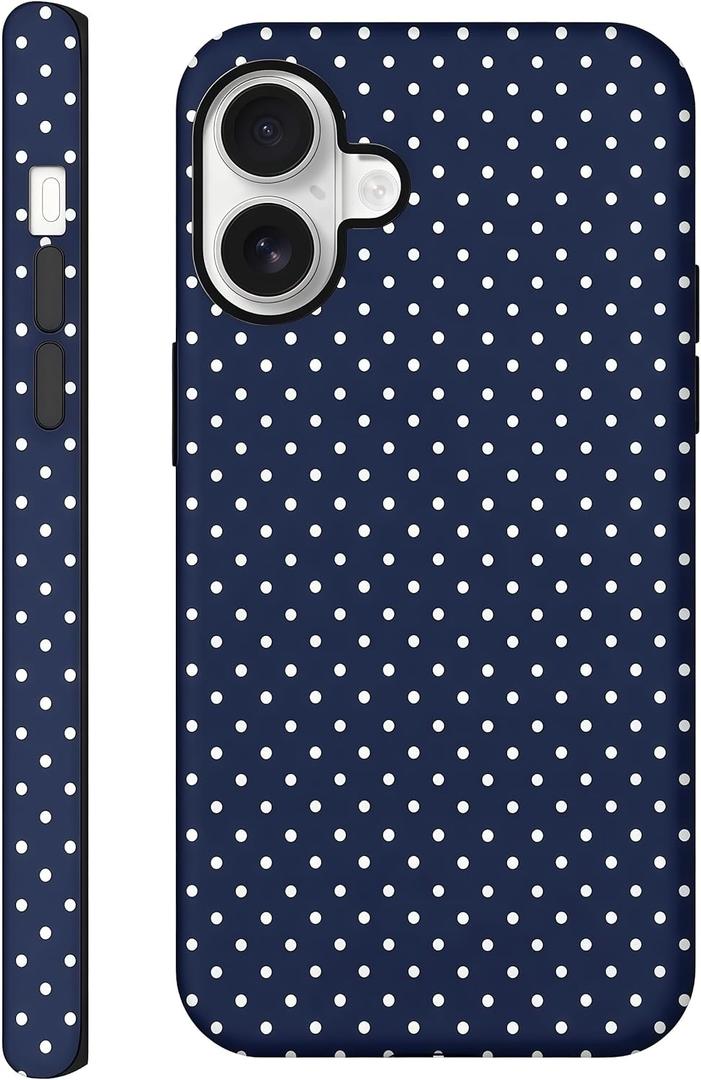 Aleviker Case for iPhone 16, Glossy Hybrid 2-Layer Hard Shell, Aesthetic Scratch Resistant Cover, Navy Blue Polka Dot