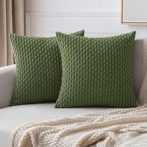 MIULEE Pack of 2 Decorative Throw Pillow Covers 18x18 Inch Soft Boho Striped Textured Corduroy Pillow Covers Modern Farmhouse Home Decor for Couch Bed Sofa Living Room Moss Green