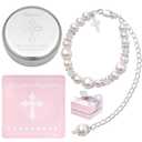 Tryuunion Baptism Bracelet in Sterling Silver and Cultured Pearls for Baby Girls, with Silver-plated Jewelry Keepsake Box, Great Catholic Christening and Baptism Gifts for Girl