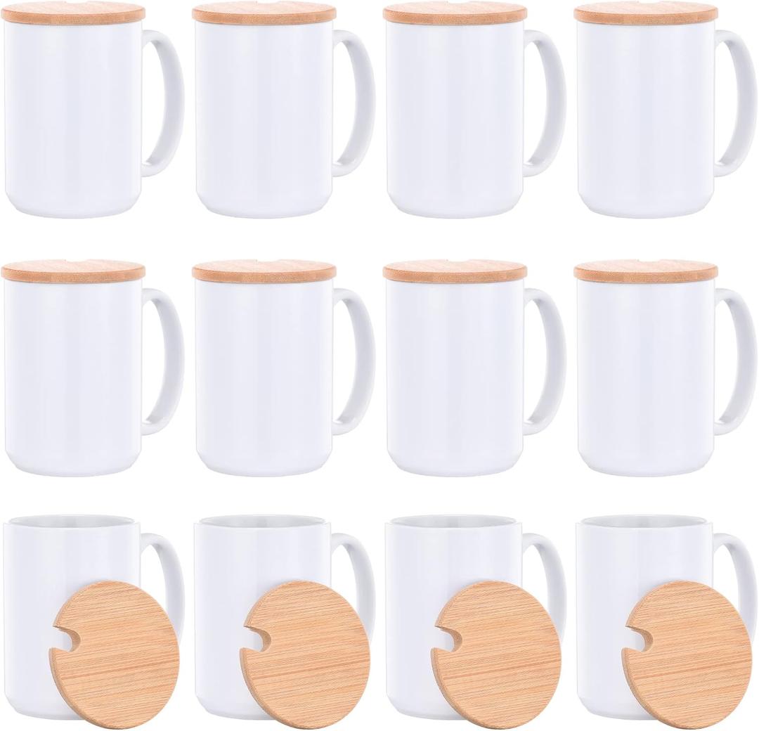RAINBOWTIE Sublimation Mugs 15 oz with Bamboo Lid Ceramic Coffee Cup Sublimation Coffee Mugs Tazas Para Sublimar Set of 12
