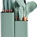 19 Piece Silicone Cookware Set - Kitchen Utensil Set with 9 Silicone Utensils, 5 Stainless Steel Knives, Wooden Handle, Light Green