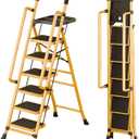 6 Step Ladder with Tool Platform,Folding Step Stool with Handrails,Sturdy& Portable Steel Ladder with Wide Pedal,Portable Safety Ladder for Adults Painting Home Outdoor Garage (Yellow Color)
