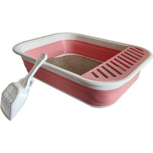 Senior Cat Litter Boxes, Collapsible Open Low Entry Cat Litter Pan with Scoop Travel Kitten Potty Pan Foldable Pet Toilet for Sick Disabled Older Elderly Cats Pink 20.9x15.7x5.7 inch