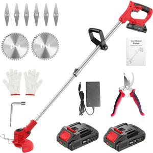 Weed Wacker 21V, Bamse Cordless String Trimmer with 2 Batteries 2.0Ah, 2 Types Metal Blades Powered Weed Eater, Pruning Shears, Adjustable Pole GrassTrimmer for Garden and Yard Lawn, Red
