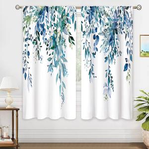 Teal Eucalyptus Botanical Leaves Floral Window Curtains Blue Watercolor Turquoise Flower Plant Wildflower Farmhouse Curtain Drapes Herb Curtains for Bedroom Living Room Treatment 42Wx63H (42"W x 63"L (Pack of 2), 07 Navy Blue)