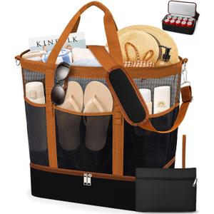 2-in-1 Mesh Beach Bag with Cooler for Women, Extra Large Beach Tote with Zipper, 11 Pockets, Adjustable Shoulder Strap