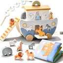 Wooden Noah's Ark Pull Along Toy with Bible Story Cloth Book - Montessori Sorting Set for Toddlers - Religious Baptism Gift for Boys & Girls -Christian Preschool Learning Toy for Kids