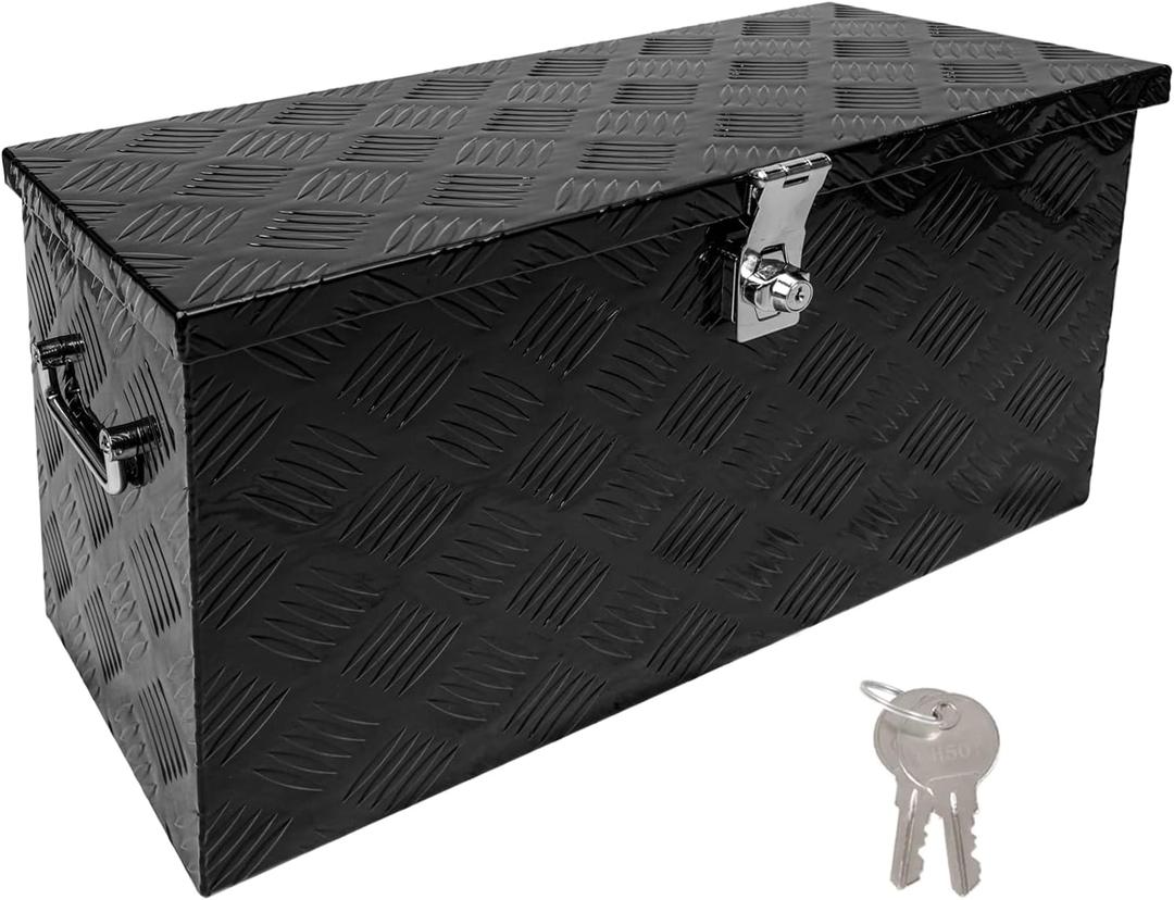 24 Inch Tool Box Flatbox Truck Bed Toolbox, RV Storage Organizer, Truck Tools Chest Box With Side Handle & Lock Key Compatible with Trailer Pickup, Black Aluminum 5 BarTread ToolBox, (24"x10"x11") (24"x10"x13")