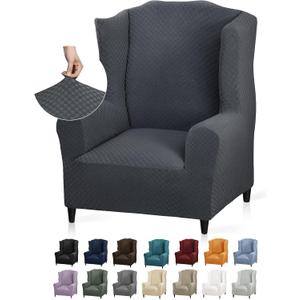 YEMYHOM 1 Piece Stretch Wingback Chair Slipcover Latest Jacquard Design Wing Chair Cover Non Slip Furniture Protector with Foam Rods for Living Room (Wing Chair, Dark Gray)