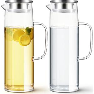 Hsei 2 Sets Glass Pitcher with Lid, 50 oz / 1500 ml Water Carafe with Handles Hot Cold Beverage Water Jar Glass Jug for Tea Juice Milk Coffee Iced Beverage (Stainless Steel Lid)