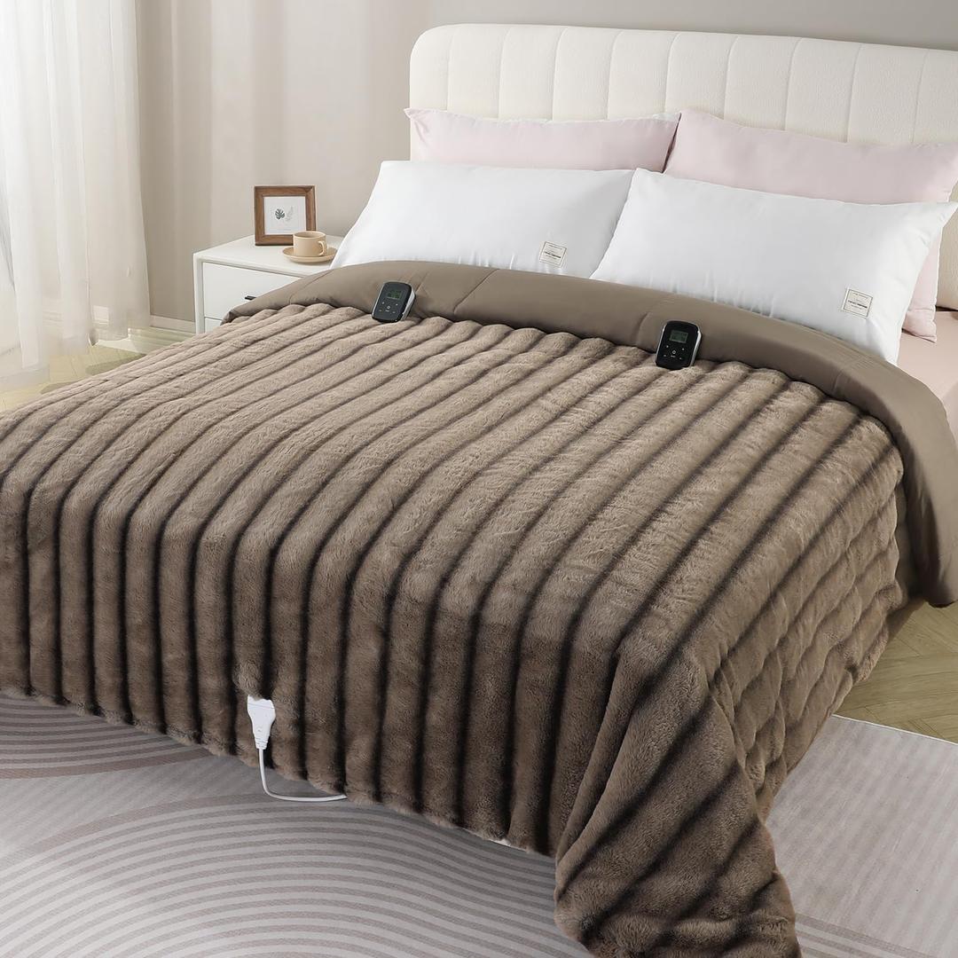 Heated Comforter Blanket Queen - Fluffy Faux Rabbit Fur Thick Comforter with 6 Heat Levels & 1-10 Hours Time Settings, Wireless LCD Controller, 90"x90", Brown