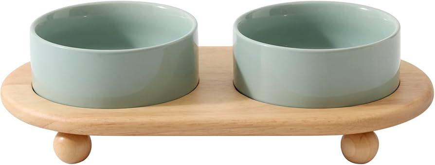 Ceramic Elevated Cat Food and Water Bowl, Kitty Bowl, Raised Cat Dish, Cat Feeder (5.1 in, 2 x Light Green + Stand)
