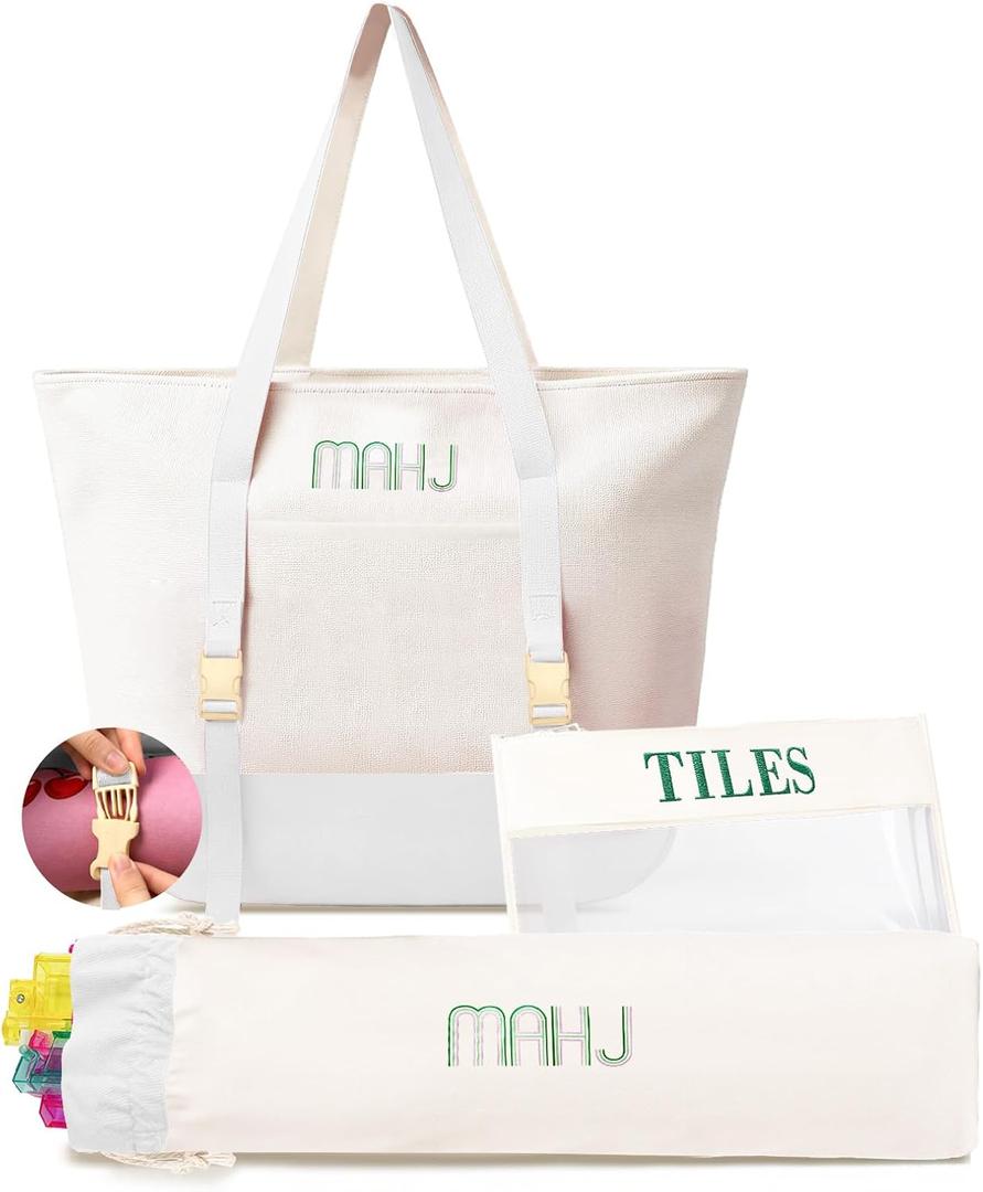 Empty Mahjong Tile Bags Set for American Tiles and Racks,Canvas Tote Bag with Mat Holder Accessories Organizer,Portable Mahjong Case Drawstring Protective Sleeve for Rack Pushers,Beige