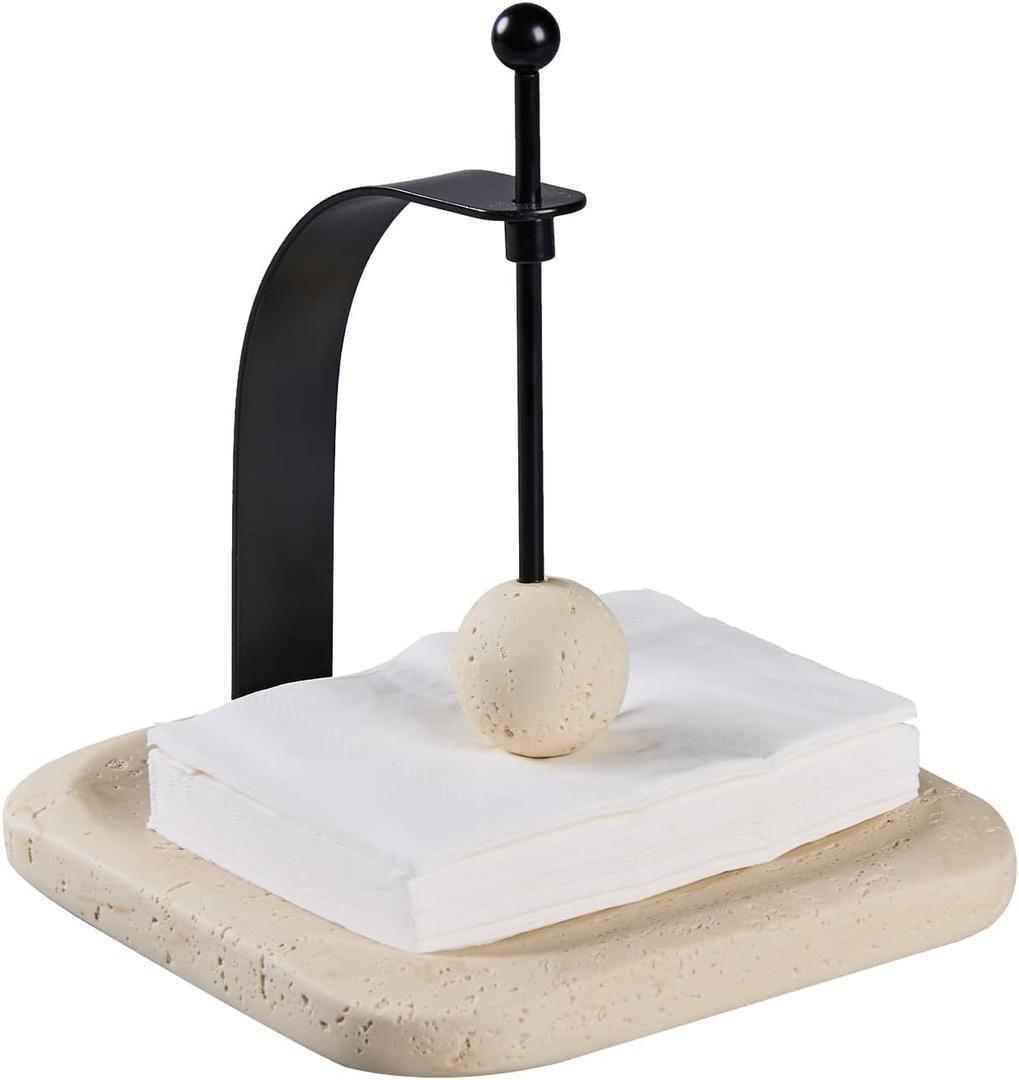 Natural Travertine Napkin Holder - Decorative Square Paper Napkin & Towel Holder for Kitchen, Restaurant, Bathroom - Durable Resin Table Organizer - Stylish Home Gift (Beige) (7 x 7 IN)