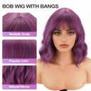 Purple Wig with Bangs for Women, 14" Short Wavy Bob Wig, Natural Looking Lavender Synthetic Hair for Cosplay & Daily Wear, Heat Resistant Glueless Colorful Wigs, Pelucas de Mujer