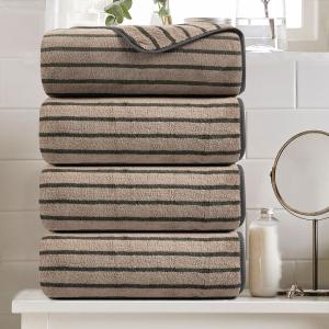 4 Piece Brown Cabana Stripe Large Bath Towels Oversized Bath Sheet Super Soft Breathable Jumbo Bathroom Towels Highly Absorbent Shower Towel Quick Dry Beach Chair Towel Spa Gym Hotel Towel Set