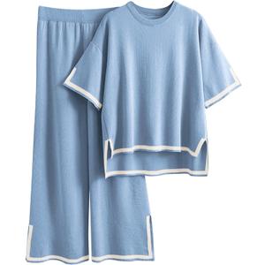 Tanming Sweater Sets Women 2 Piece Lounge Sets Short Sleeve Knit Pullover Tops Wide Leg Pants (Medium, Light Blue)