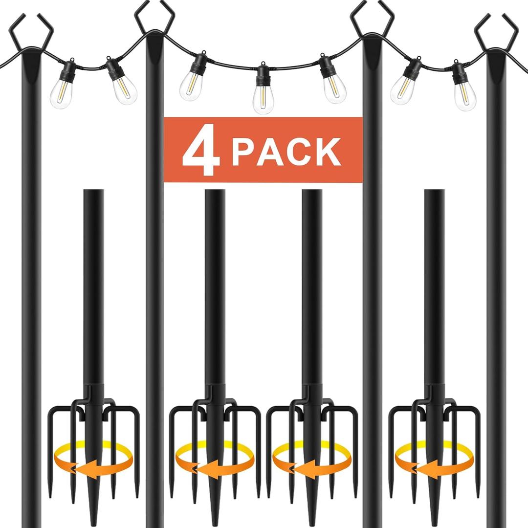 10Ft String Light Poles 4 Pack, Light Poles for Outside Lights, Outdoor with Fence Brackets Hanging Lights, Metal Stand Deck Patio Backyard