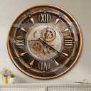 October Elf 24 Inch Wall Clock with Moving Gears Large Industrial Steampunk Metal Clock Antique Gold Oversized Farmhouse Decor Wall Clock for Living Room Home Office(Brown with Roman Numerals)