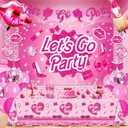 2 x Hot Pink Party Decorations For Girls,Banner,Pink Balloons,Tablecloth,Paper pom poms Party Supplies for Women