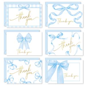 FYSUIMU 36 Pack Blue Bow Thank You Card Gold Foil Bowknot Greeting Card Coquette Blank Note Cards with Envelope Sticker for Birthday Baby Shower Party Supplies, 4 x 6 Inch