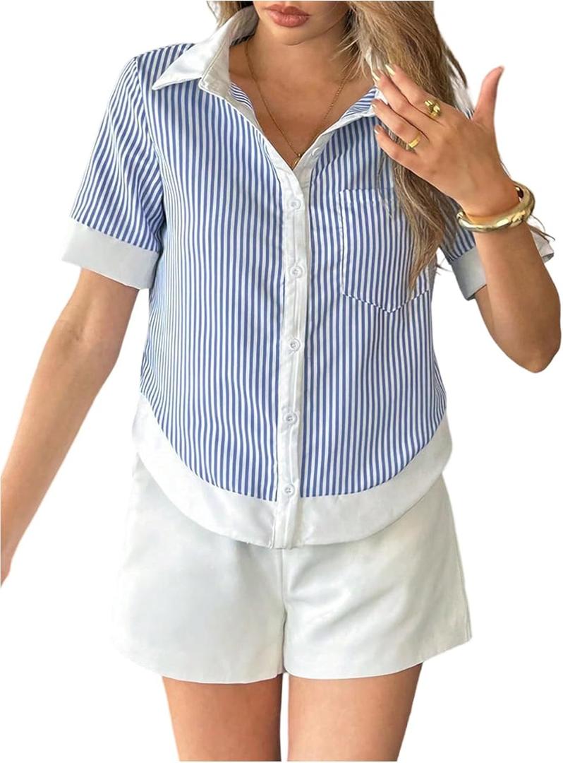 SHENHE Women's Striped Button Down Shirt Short Sleeve Color Block Dressy Work Top Blouse (Medium, Blue)